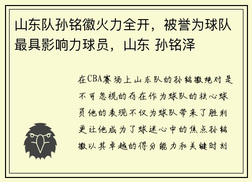 山东队孙铭徽火力全开，被誉为球队最具影响力球员，山东 孙铭泽